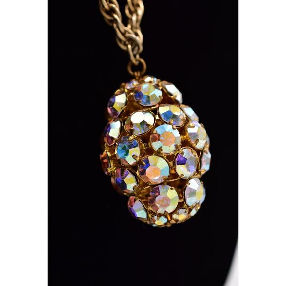 Vintage Crystal Pendant Necklace Open Bezel Aurora Borealis Gold Tone 80s Bin6A - Picture 5 of 11